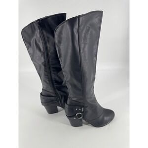 Womens Black Knee High Boots Side Zip Buckle Detail Chunky Heel Size 9M